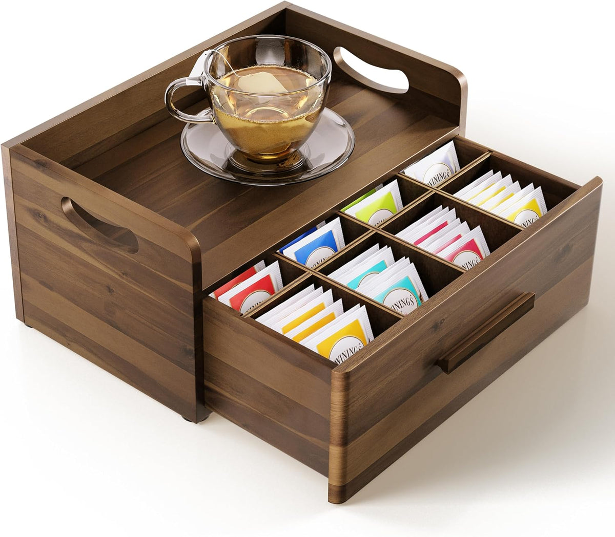 Acacia Wooden Tea Box Organizer with Drawer for Countertop Display