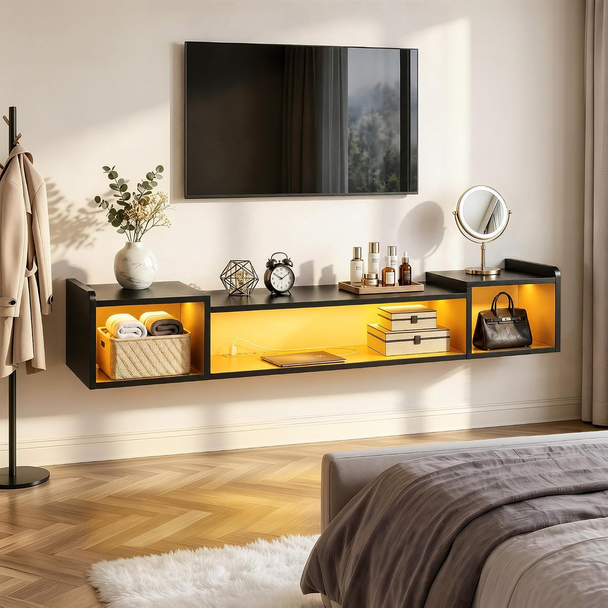 55.1" W Floating TV Stand with LED,Power Strip for 50/55/60/65" TV ...