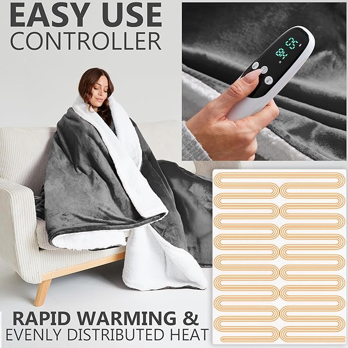 Heated Blanket Electric Luxurious Fleece Queen Blanket, 9 Heat Settings &...