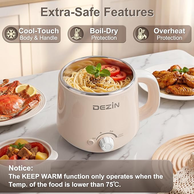 Dezin Hot Pot Electric with Steamer, Rapid Noodles Cooker, Stainless Steel