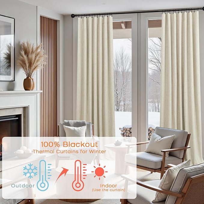KOUFALL 102 Inches Long Curtains, Linen Blackout Light Beige Boho Back Tab