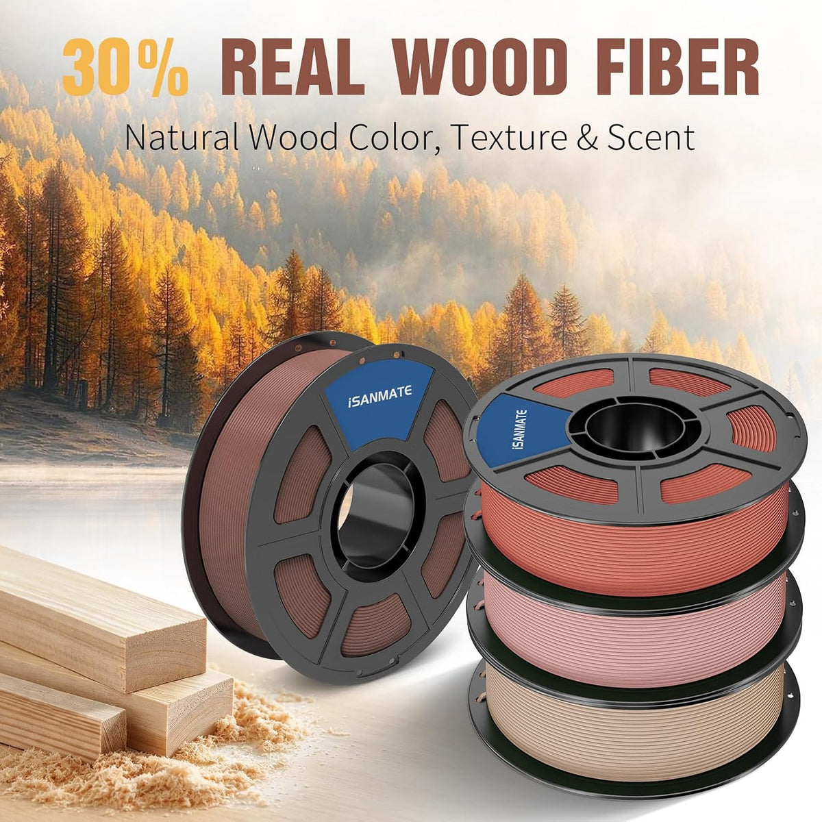 iSANMATE Wood PLA Filament 1.75mm 4 * 1KG Spool Bundle for FDM 3D Printing