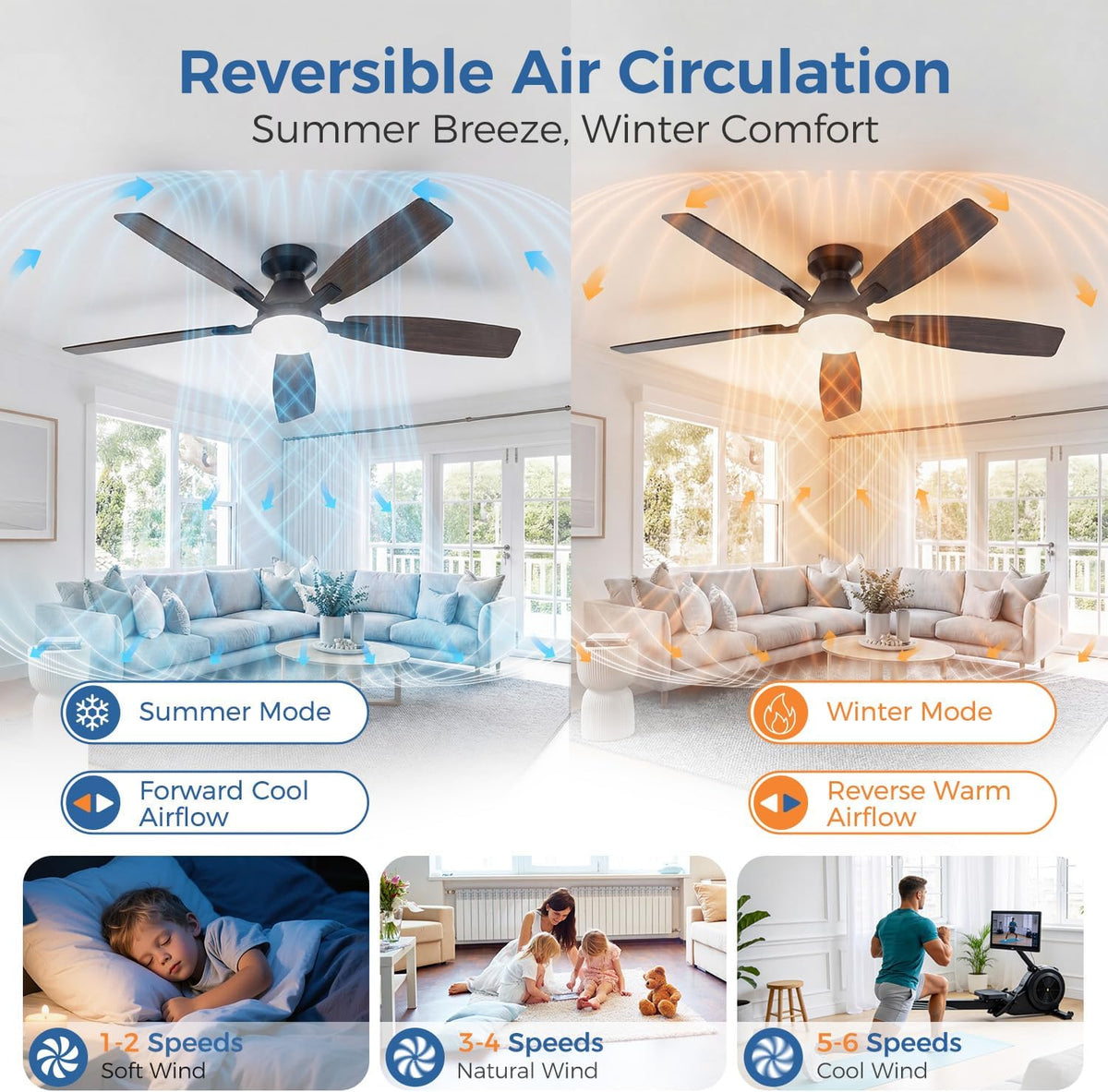 52 Inch Ceiling Fans with Lights, App & Remote Control, Quiet Reversible ...