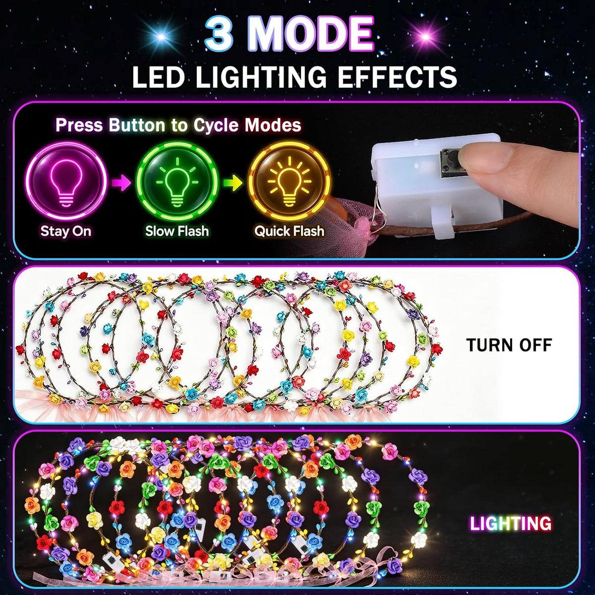 68 PCS LED Flower Crown Headbands with Ribbons, Light Up Flower Headband