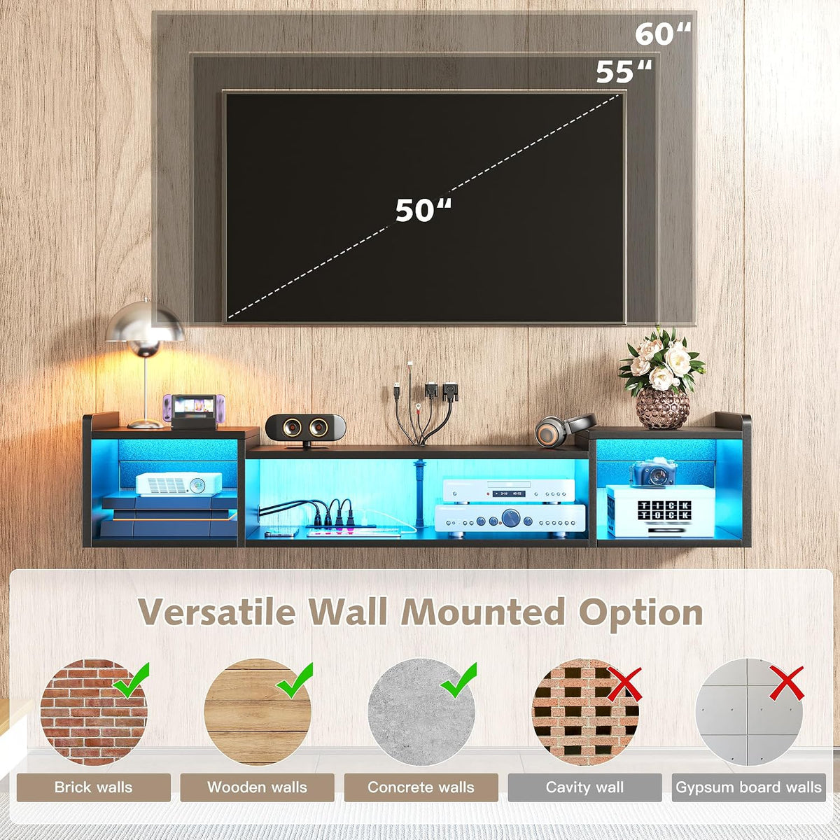 55.1" W Floating TV Stand with LED,Power Strip for 50/55/60/65" TV ...