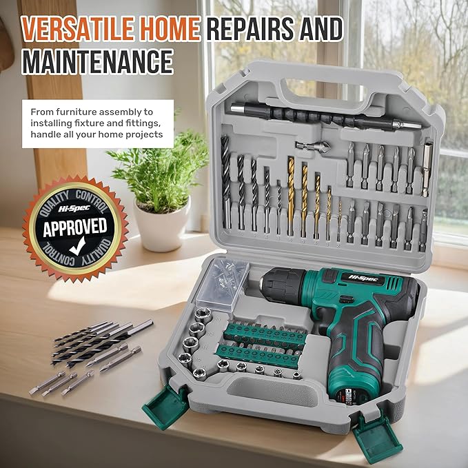 Hi-Spec 110pc Green 8V USB Electric Power Cordless Drill Driver Set. Drill Bits