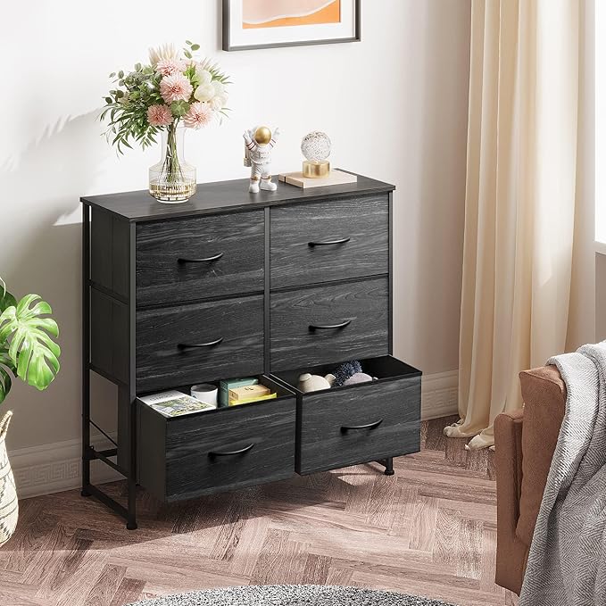 WLIVE Black Dresser for Bedroom, 6 Drawer Double Dresser, Fabric Storage Tower