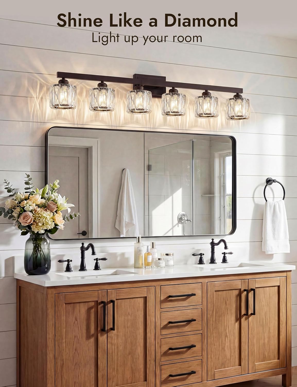 VOLISUN Crystal Vanity Light, 6‑Light Matte Black Bathroom Wall Fixture