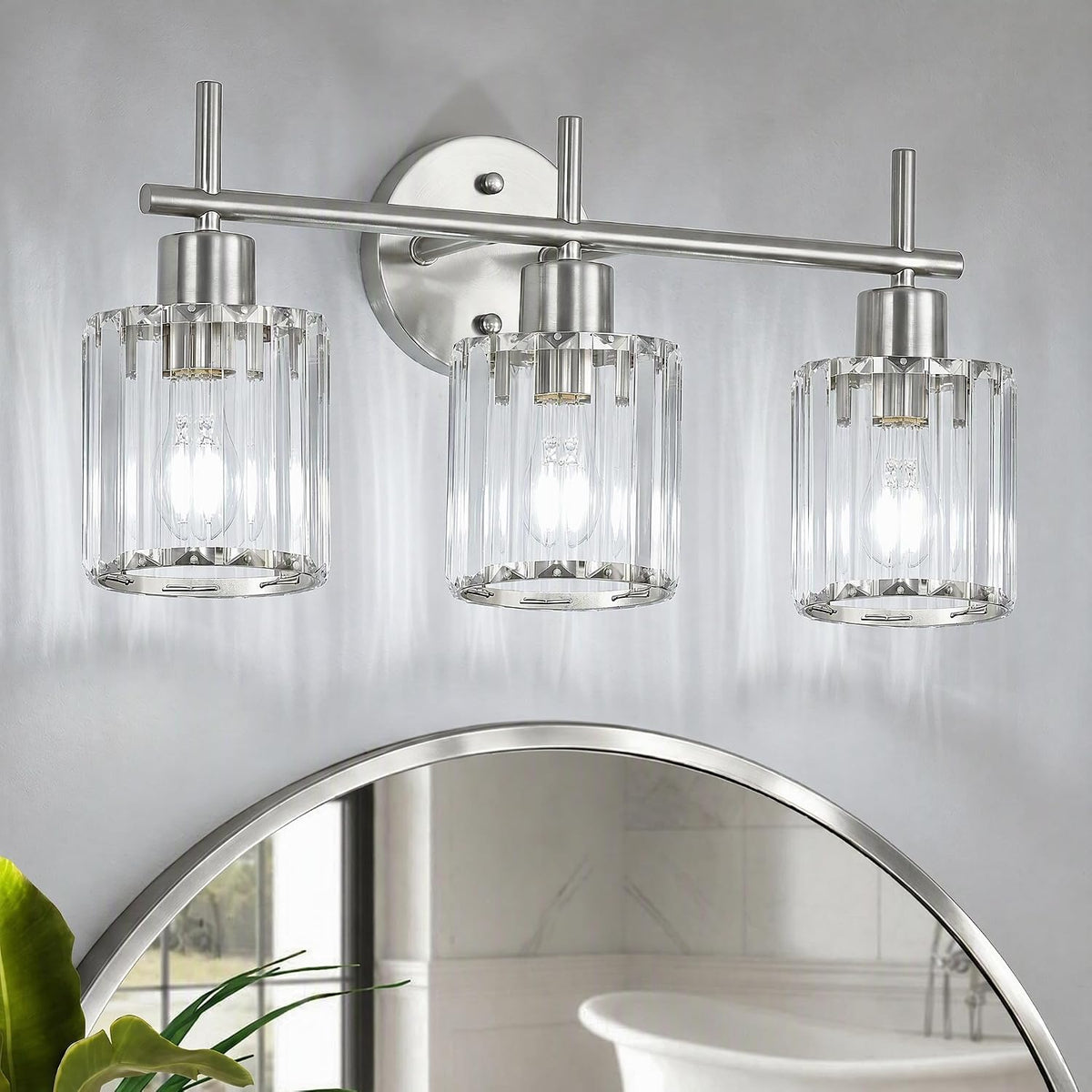 Brushed Nickel 3-Light Crystal Bathroom Vanity Light Fixtures, Round