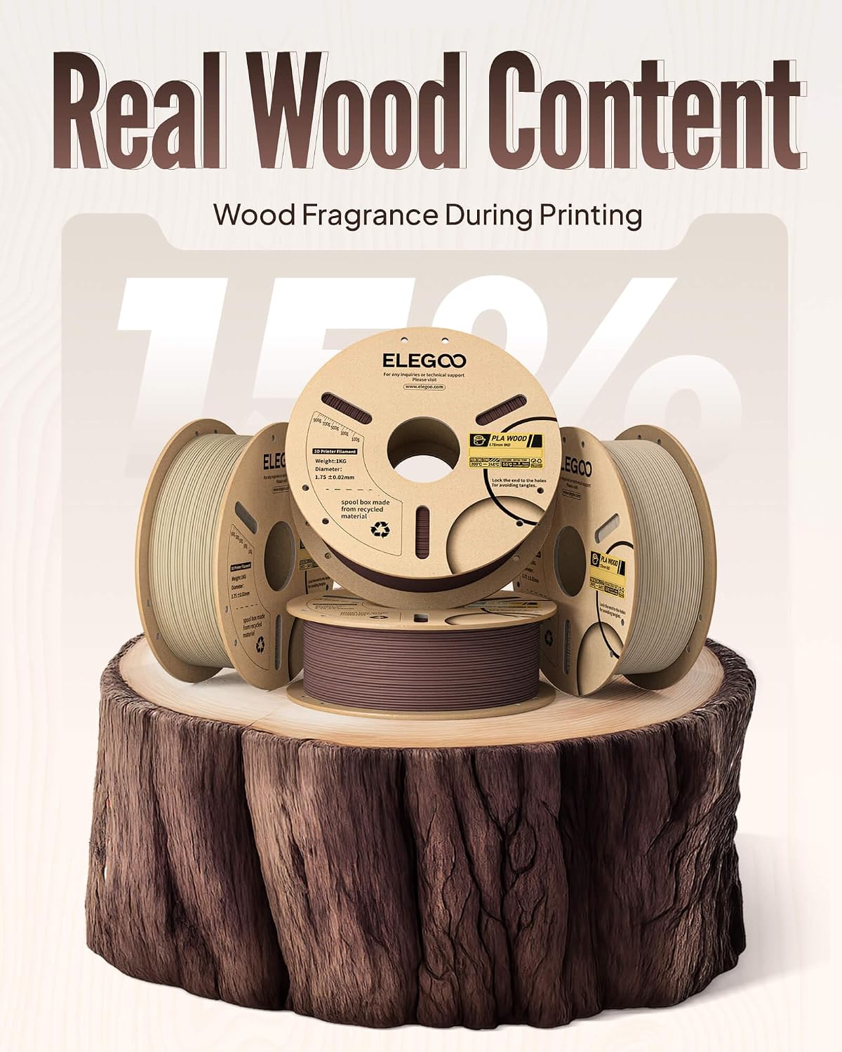 ELEGOO PLA 3D Printer Filament 4KG Oak Wood/Rosewood/Tan Birch/Teak Wood