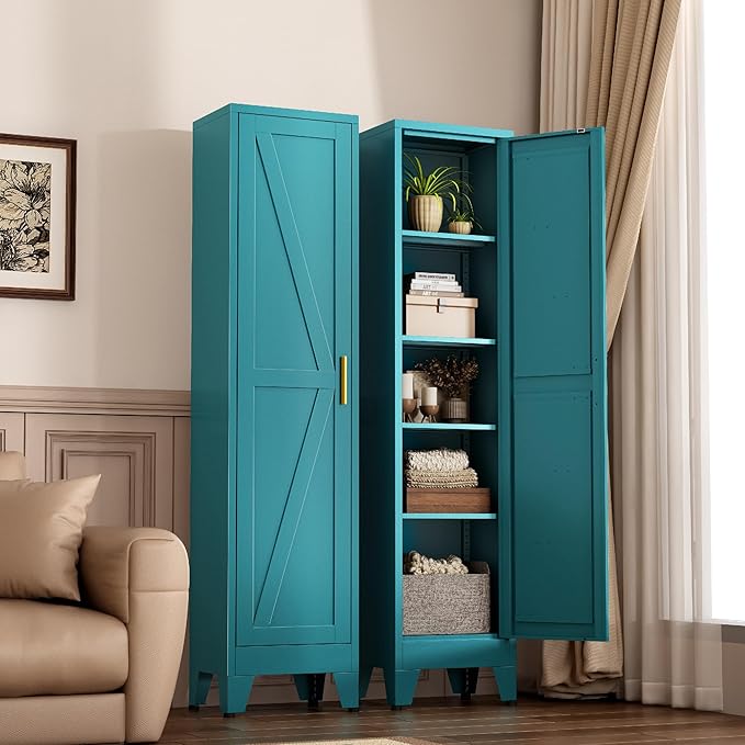 Narrow Metal Cabinet with 4 Adjustable Shelves and Barn Doors, Tall Bathroom