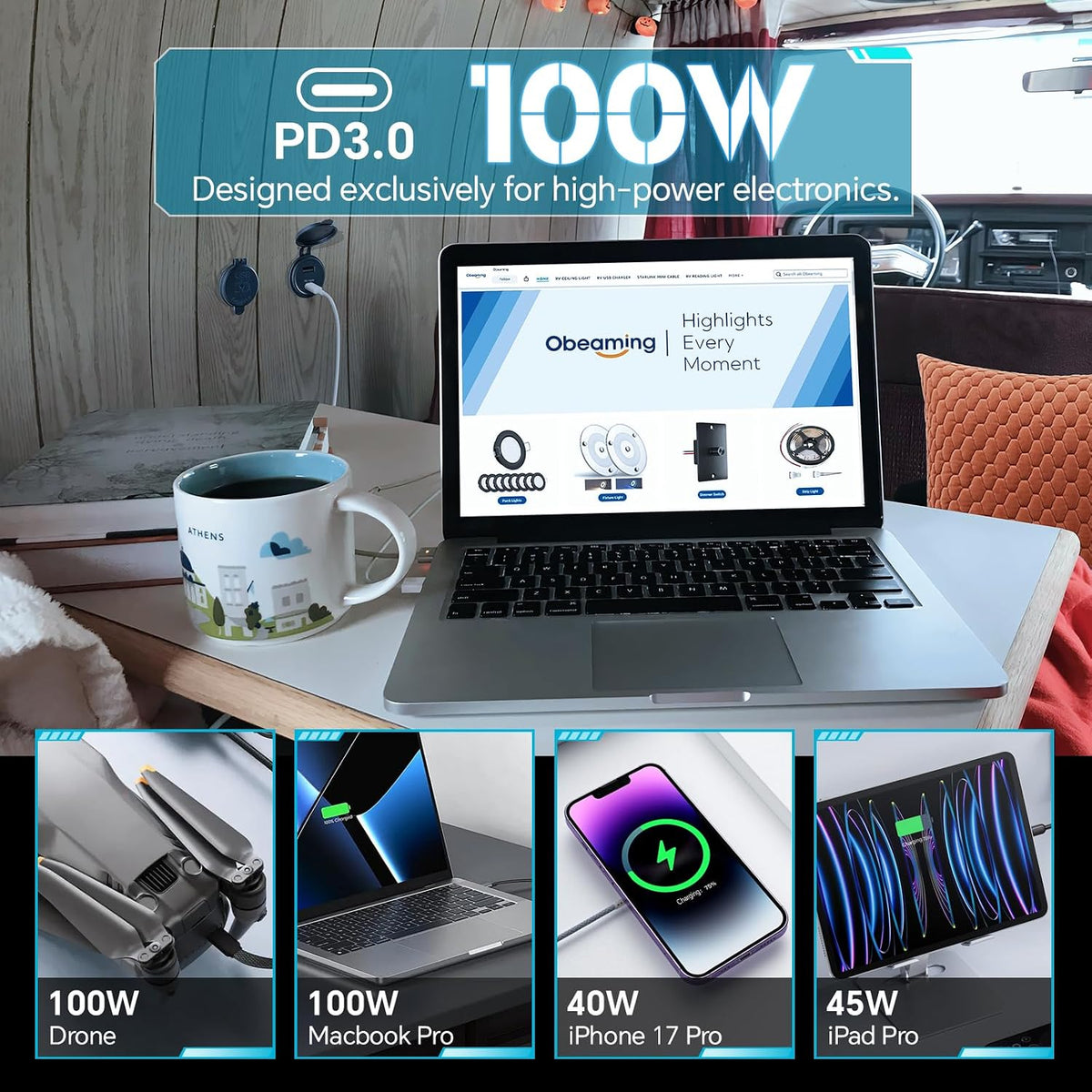 118W 12V USB Outlet, 100W Type-C PD3.0 Laptop Car USB C Socket
