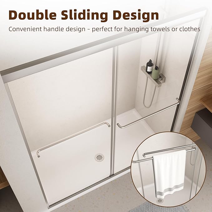 Shower Door, 56-60" W x 70" H Semi-Frameless Double Sliding Glass S...