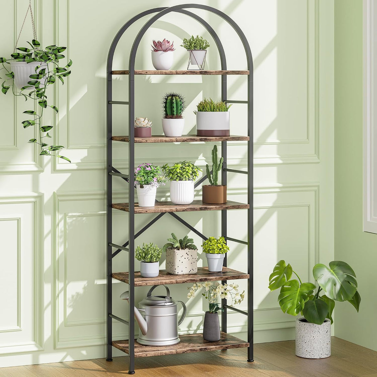 Shintenchi Arched 5 Tier Bookshelf, Brown Open Storage Bookcase