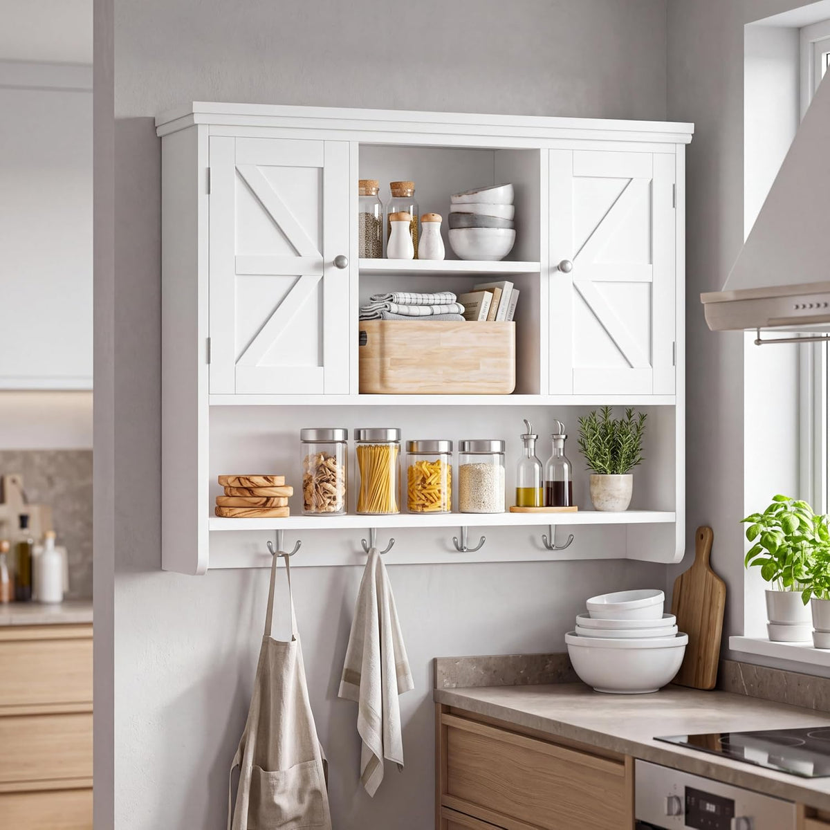 Keehusux Farmhouse Medicine Cabinet with Barn Doors and Hooks, White