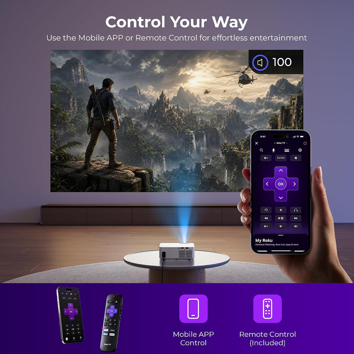 ELEPHAS Roku TV Smart Projector with Wi-Fi and Bluetooth