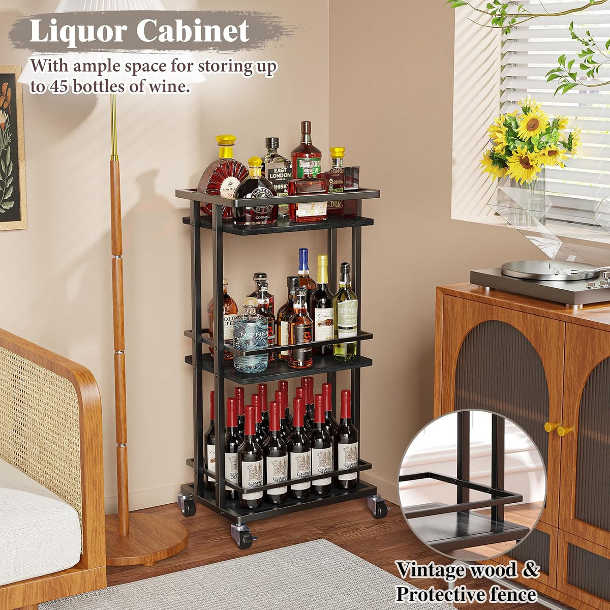 OKZEST 3-Tier Bar Cart for Home, Mini Rolling Liquor Cabinet & Serving Cart