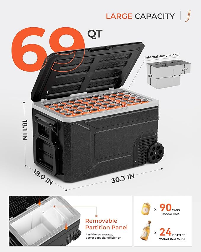 12V Refrigerator, 69 Quart Electric Cooler, 12V/24V DC 100~240V AC, 12v cooler