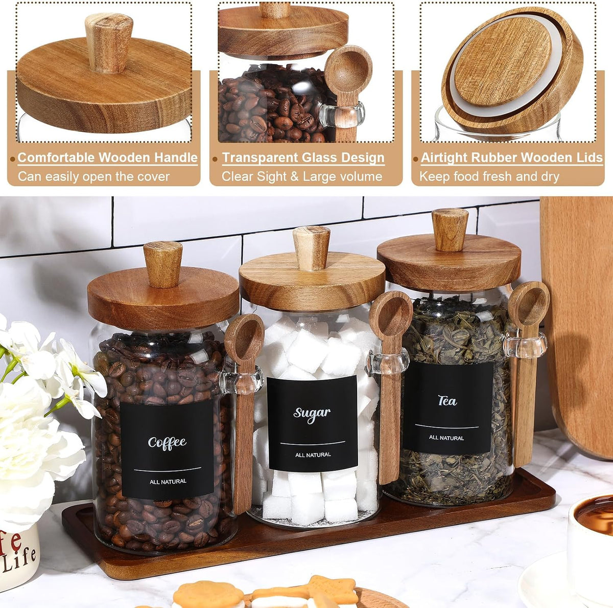 3 Pcs Glass Coffee Container Set, 25 oz, Acacia Brown