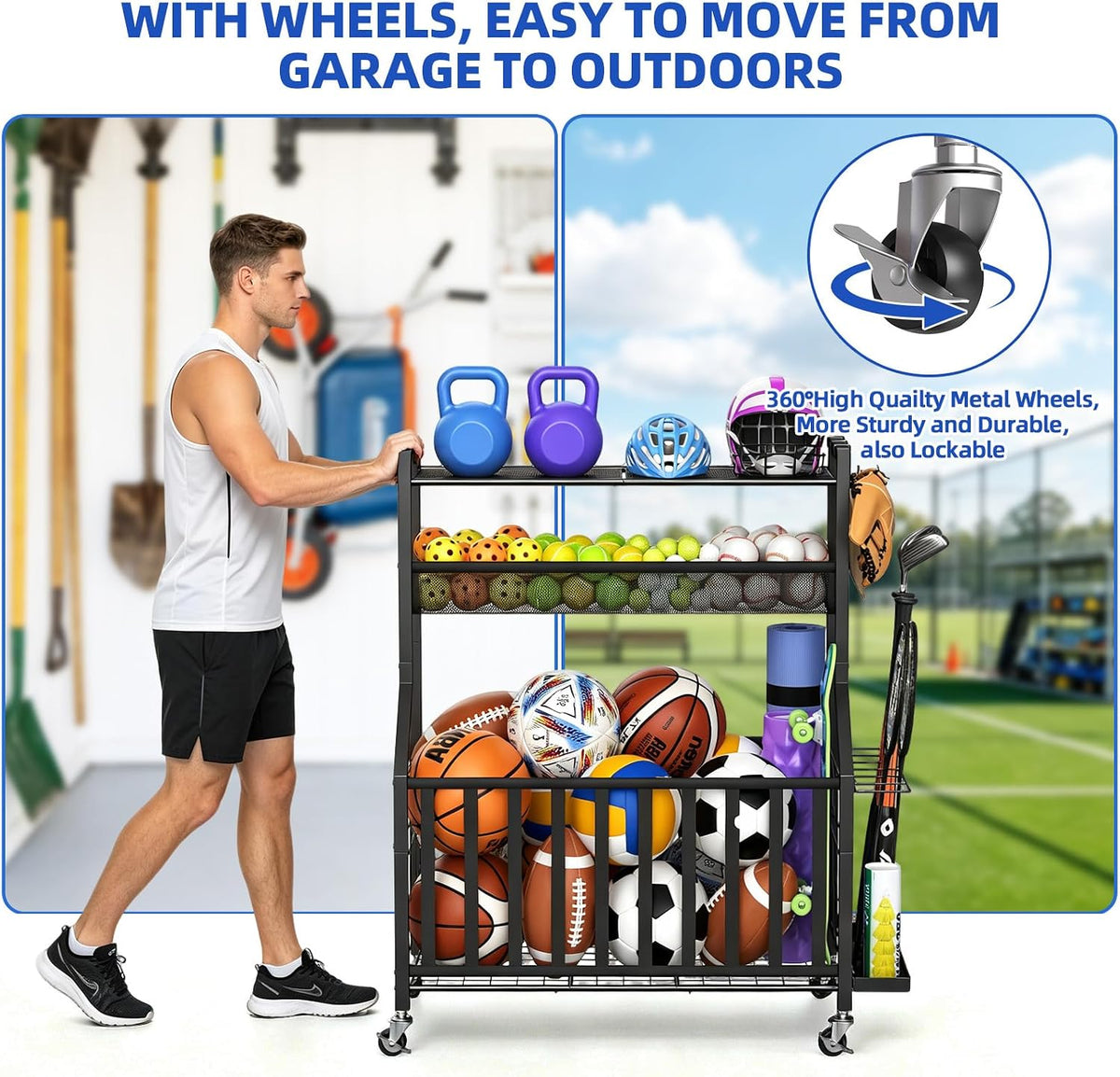 Samstar Garage Sports Equipment Organizer, Ball Storage Rack with Wheels