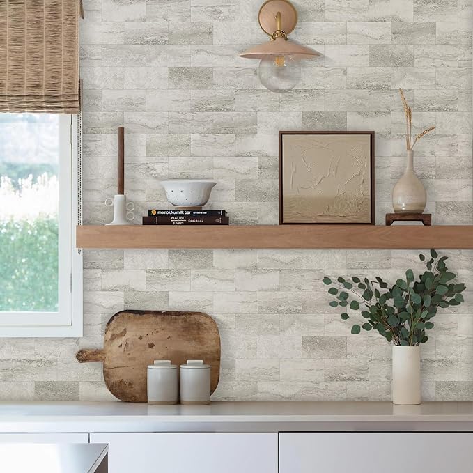 Vamos Tile 100-Piece Matt Beige Mixed Grey Slate Peel and Stick Backsplash