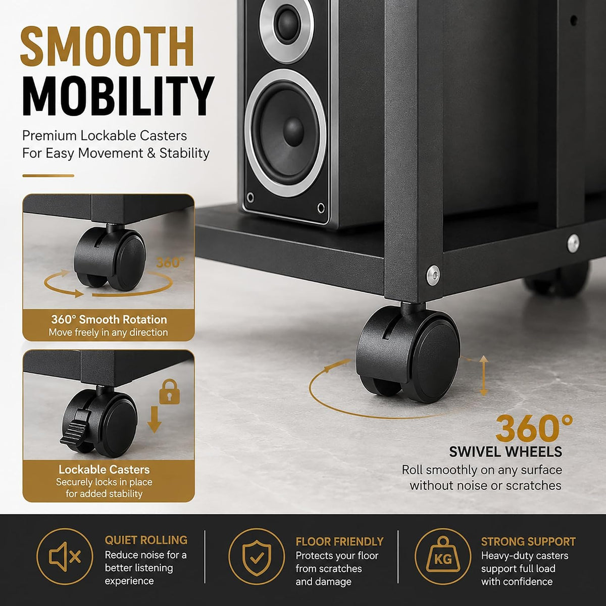 5 Tier Av Media Stand with Wheels, 39in Adjustable Audio Rack