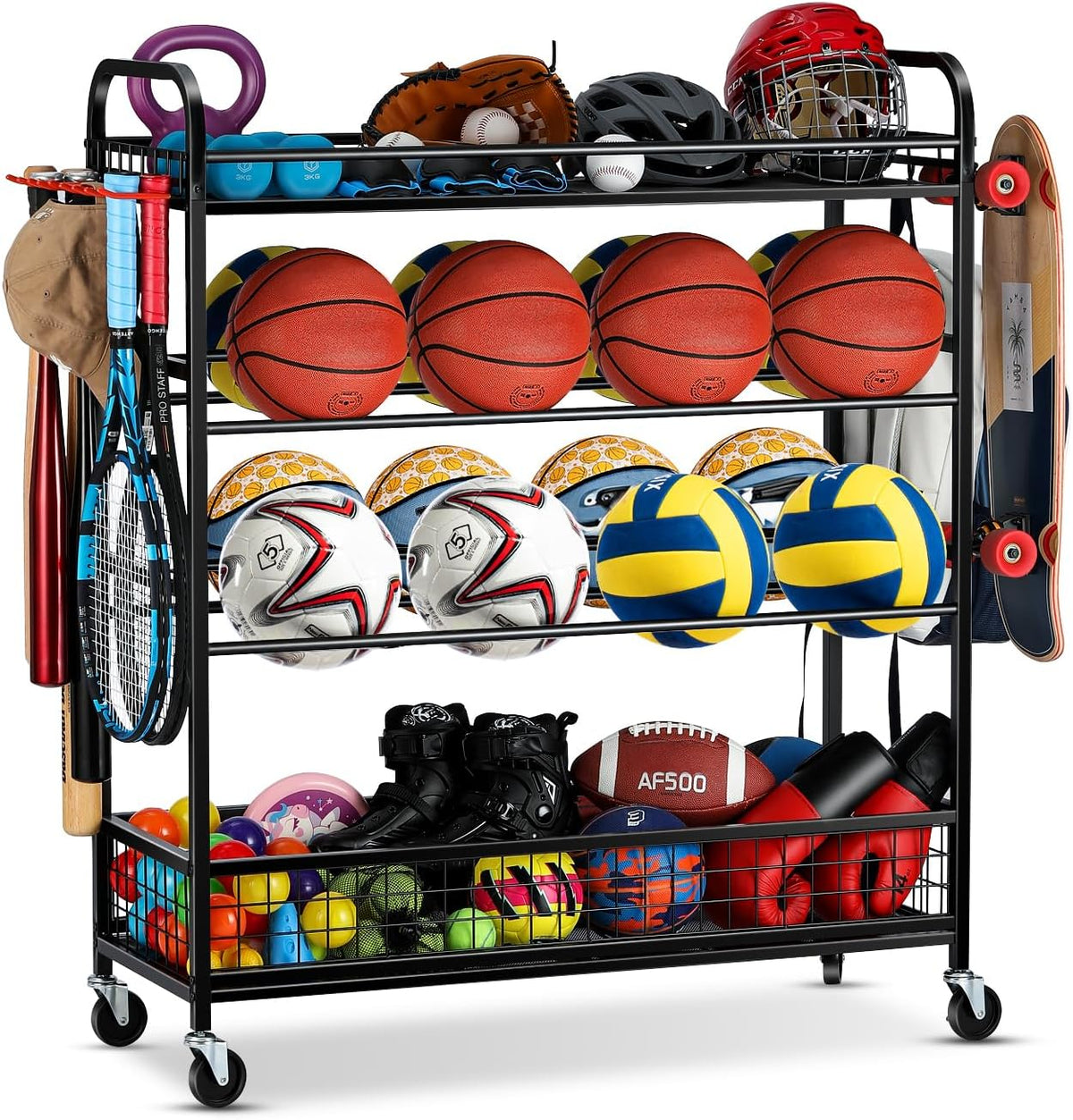 Garage Sports Equipment Organizer - Rolling Ball Storage with Wheels
