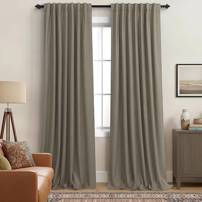 KOUFALL Dark Taupe Brown Curtains 108 Inches Long Blackout Linen Back Tab