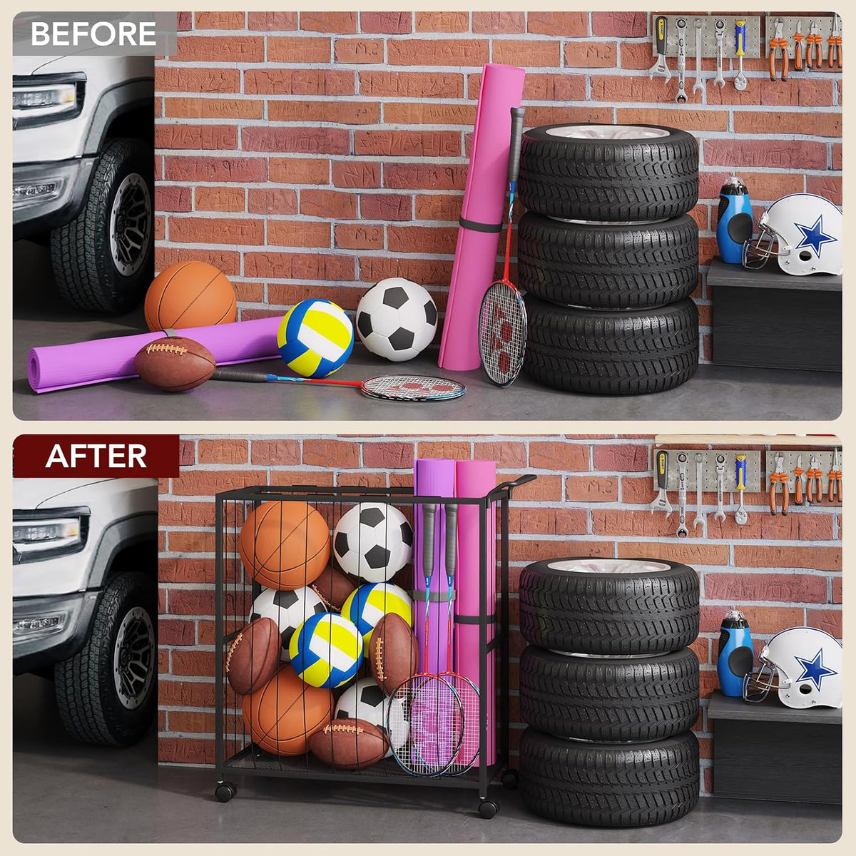 Ball Storage Bin Rolling Sports Ball Cart, Black