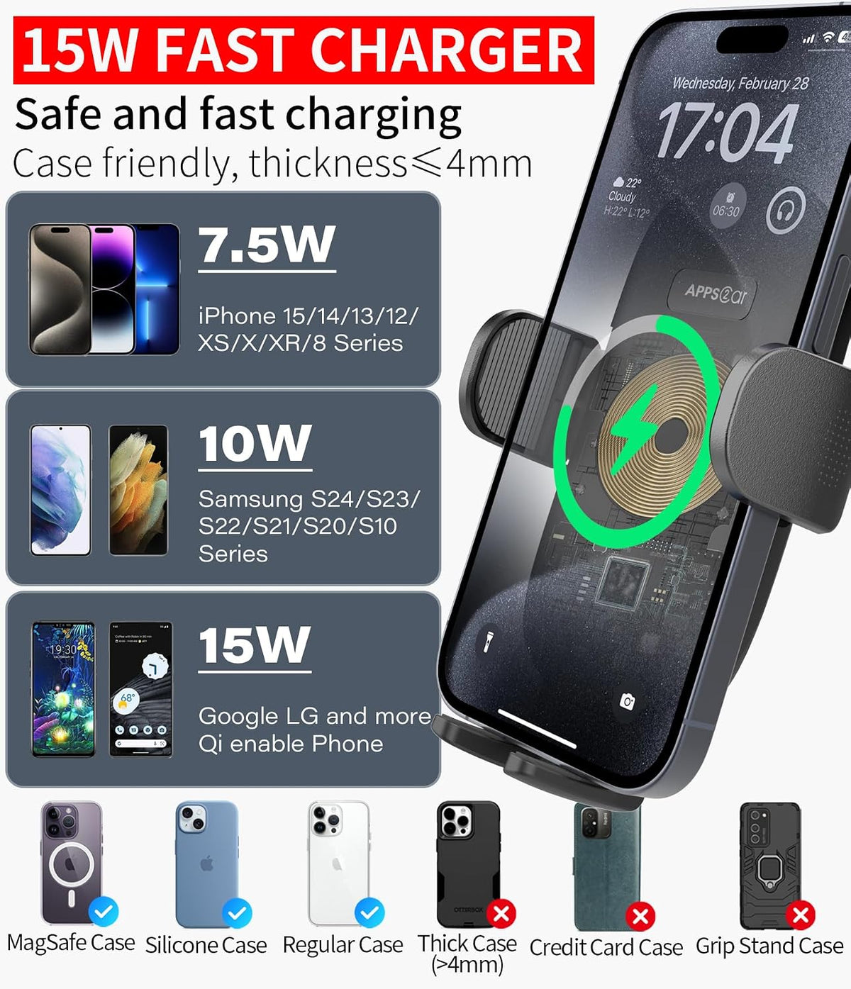 APPS2Car 15W Qi Wireless Car Charger Solid Cup Holder Mount, Adjustable Long ...