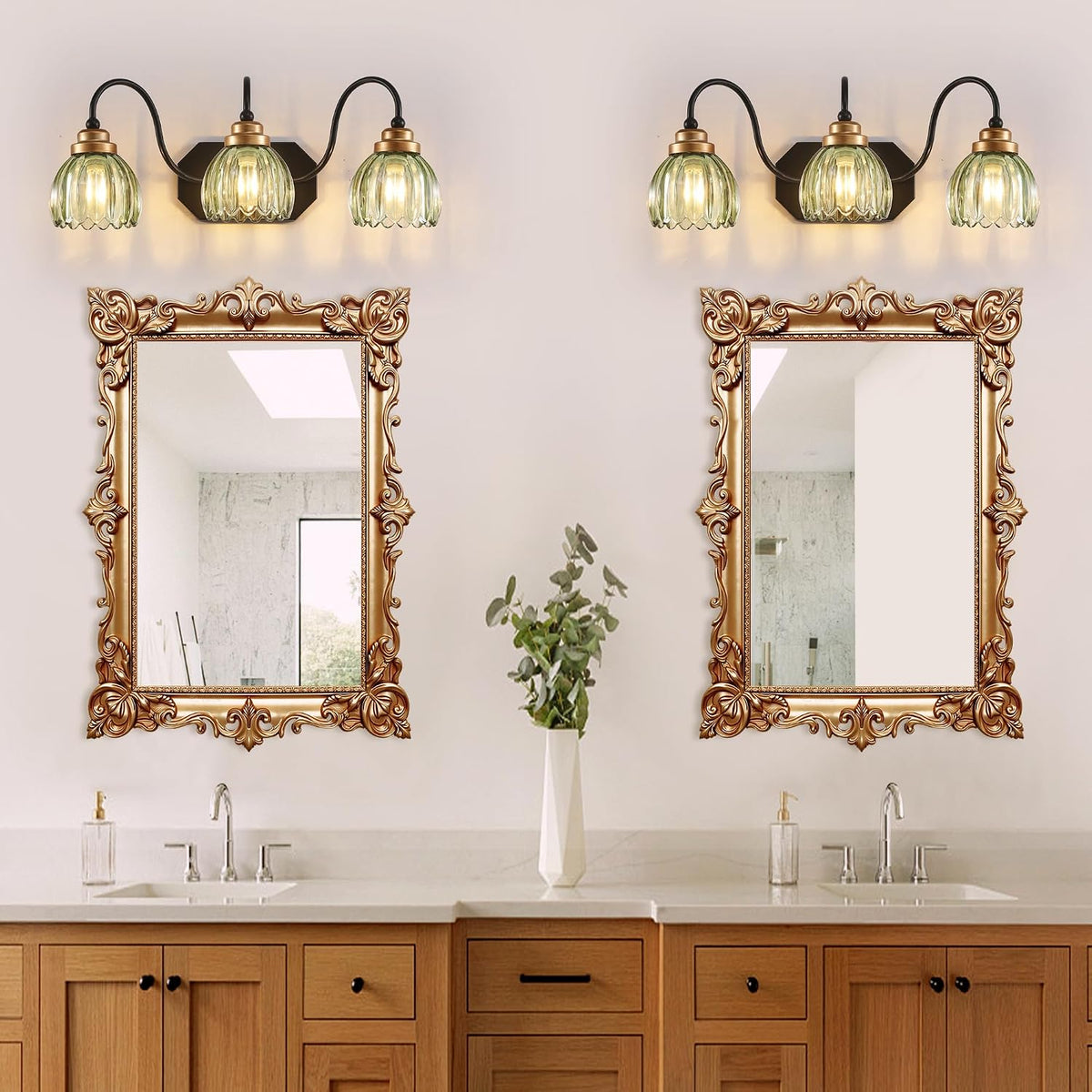 Vintage Gold Bathroom Light Fixtures,3 Light Green Tulip Crystal