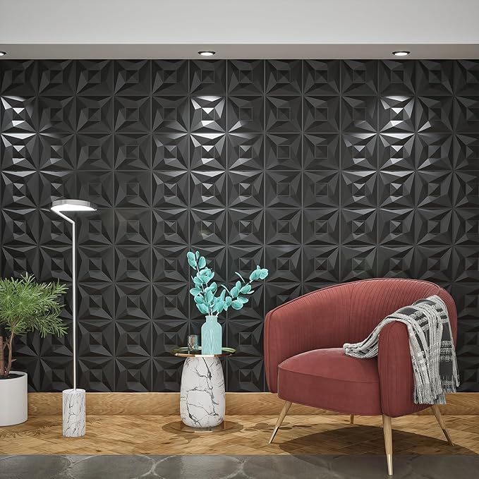 Greymond Black PVC 3D Wall Panels, 33 Pack 11.8''x11.8''Geome...