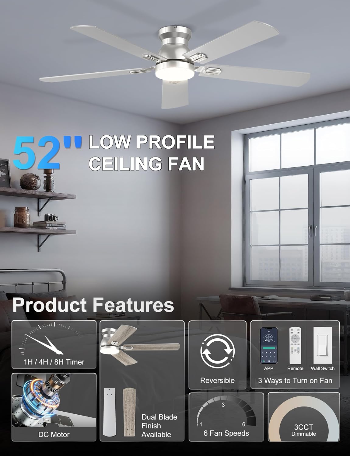 52'' Silver Flush Mount Ceiling Fan with Lights for Bedroom