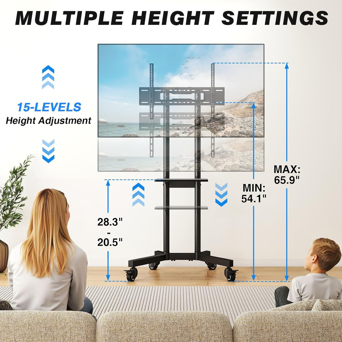 Portable Rolling TV Stand with Shelf for 32-85 in TVs up to 150 lbs