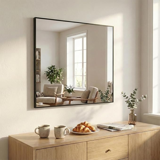 30''x30'' Square Black Bathroom Mirror, Matte Metal Framed Wa...