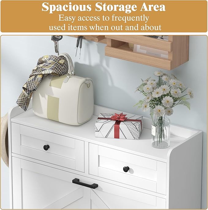 Shoe Cabinet with 2 Flip Drawers & 2 Storage Drawers, Rustic Farmhouse Na...