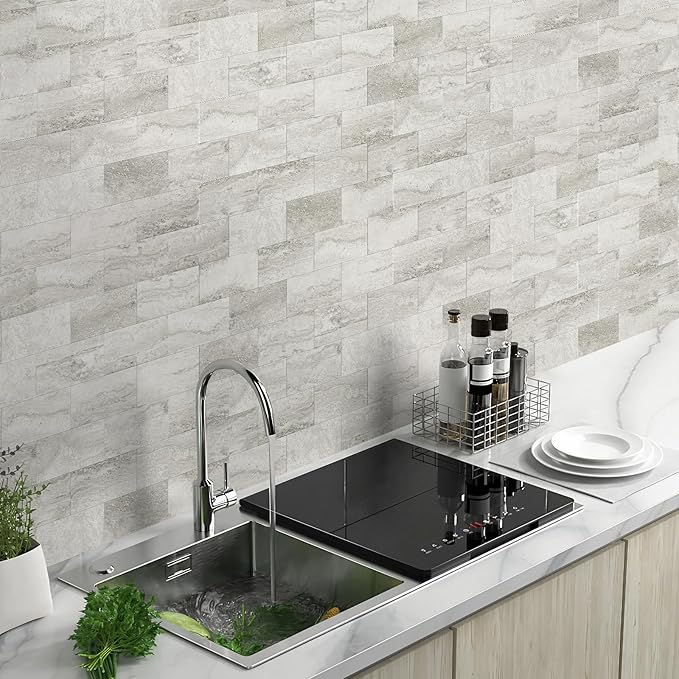 Vamos Tile 100-Piece Matt Beige Mixed Grey Slate Peel and Stick Backsplash