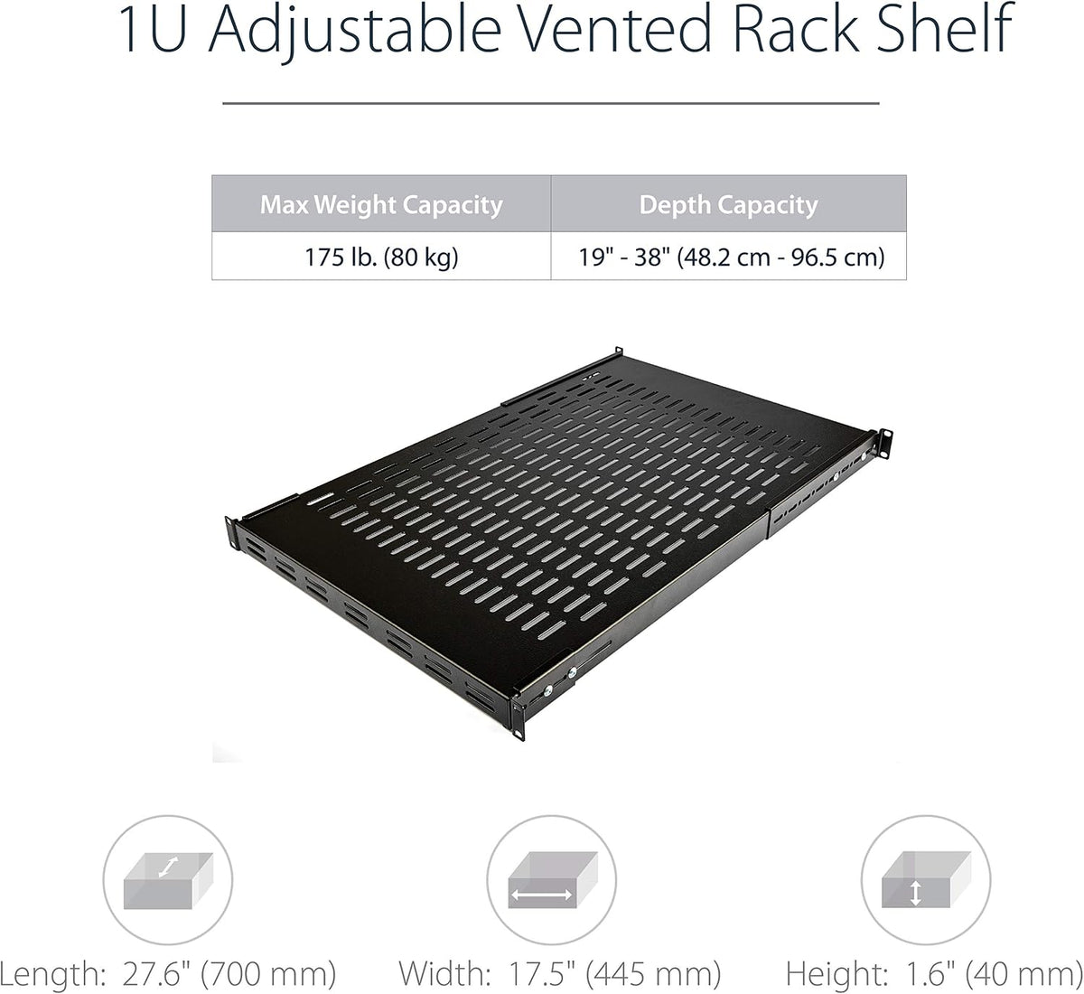 StarTech 1U Adjustable Vented Rack Shelf, 19in, 175lb, TAA (ADJSHELF)