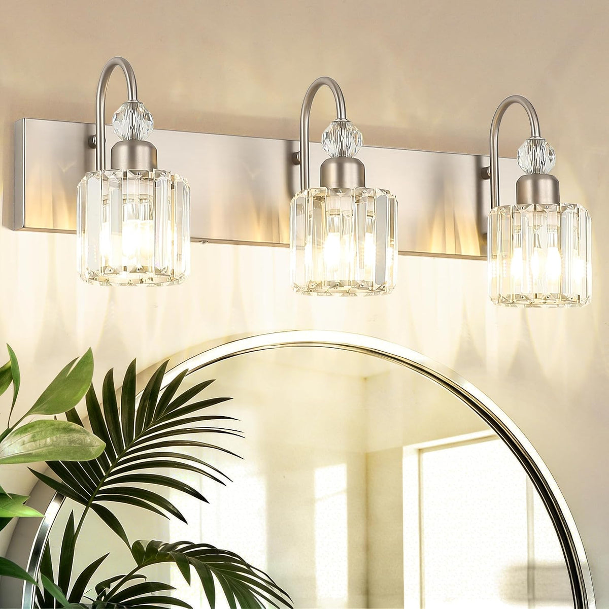 Ralbay Brushed Nickel Vanity Light for Bathroom Crystal 3-Light Modern Bathro...