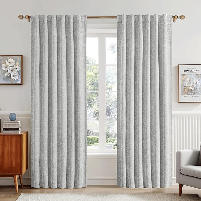 Beauoop Grey Floral Jacquard Blackout Curtains 108 Inches Long 2 Panels