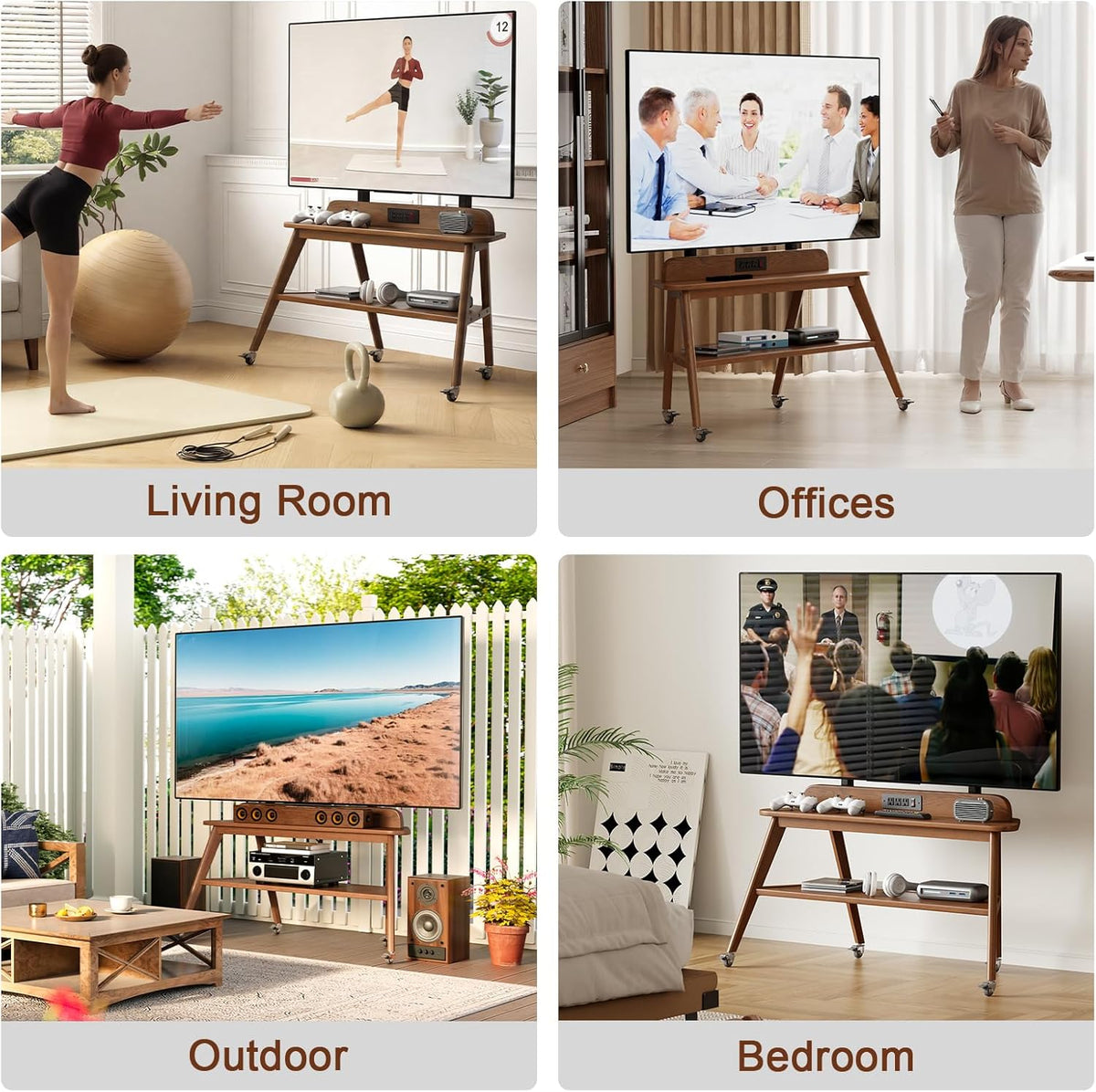 Solid Wood Rolling TV Stand with Power Outlet, Mobile TV Stand