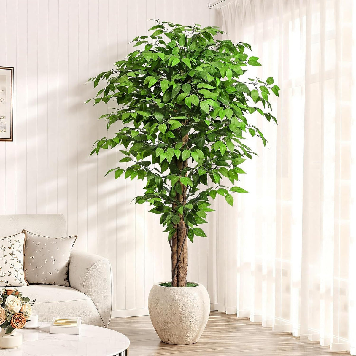 6.2ft Ficus Artificial Trees with 3 Natural Curved Trunks, 74" Tall Lush...