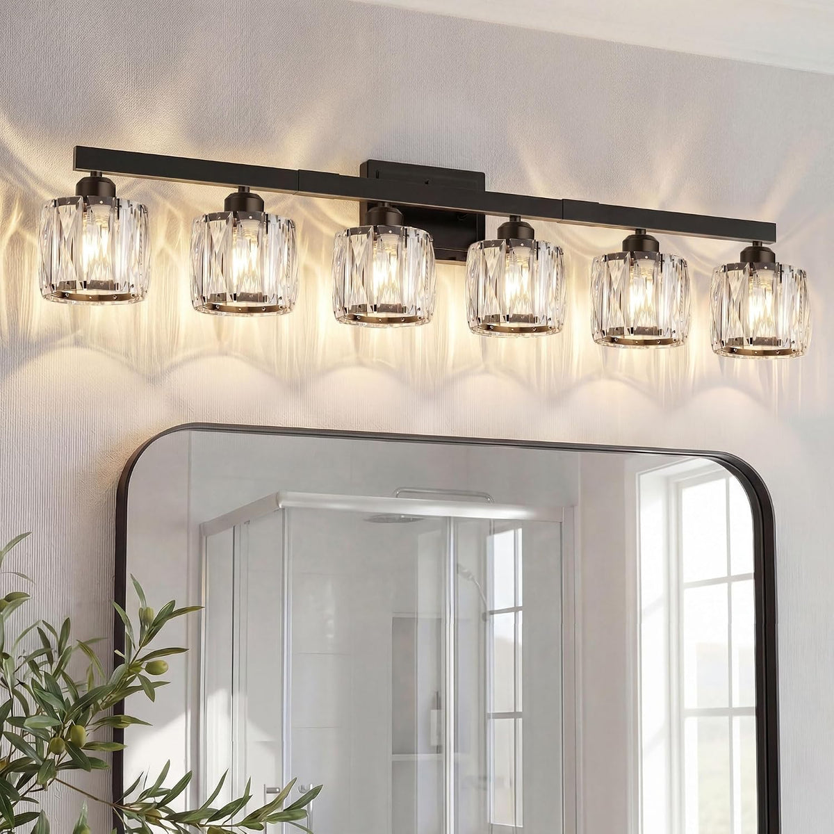 VOLISUN Crystal Vanity Light, 6‑Light Matte Black Bathroom Wall Fixture