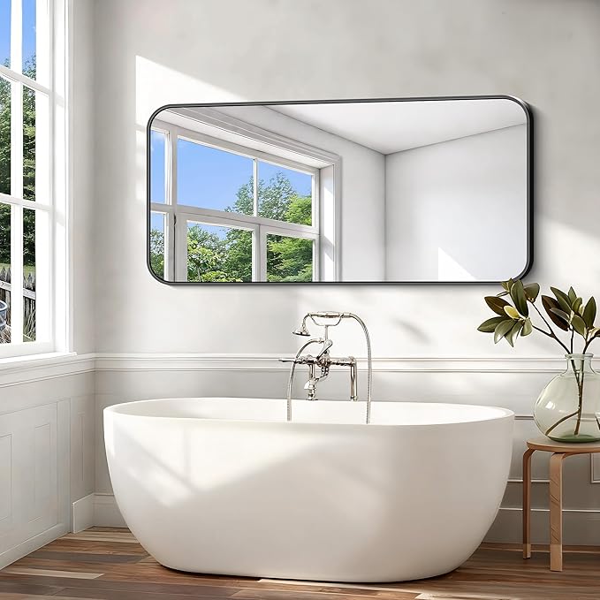 Black Bathroom Mirror, 66x30 inch Aluminum Metal Frame Rectangular Vanity Mirror