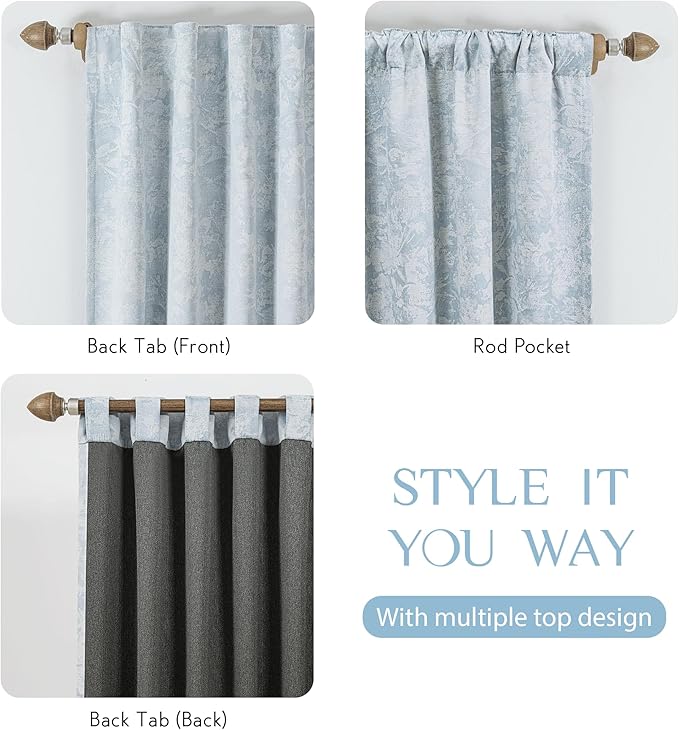 Beauoop Blue Floral Jacquard Blackout Curtains 96 Inches Long 2 Panels