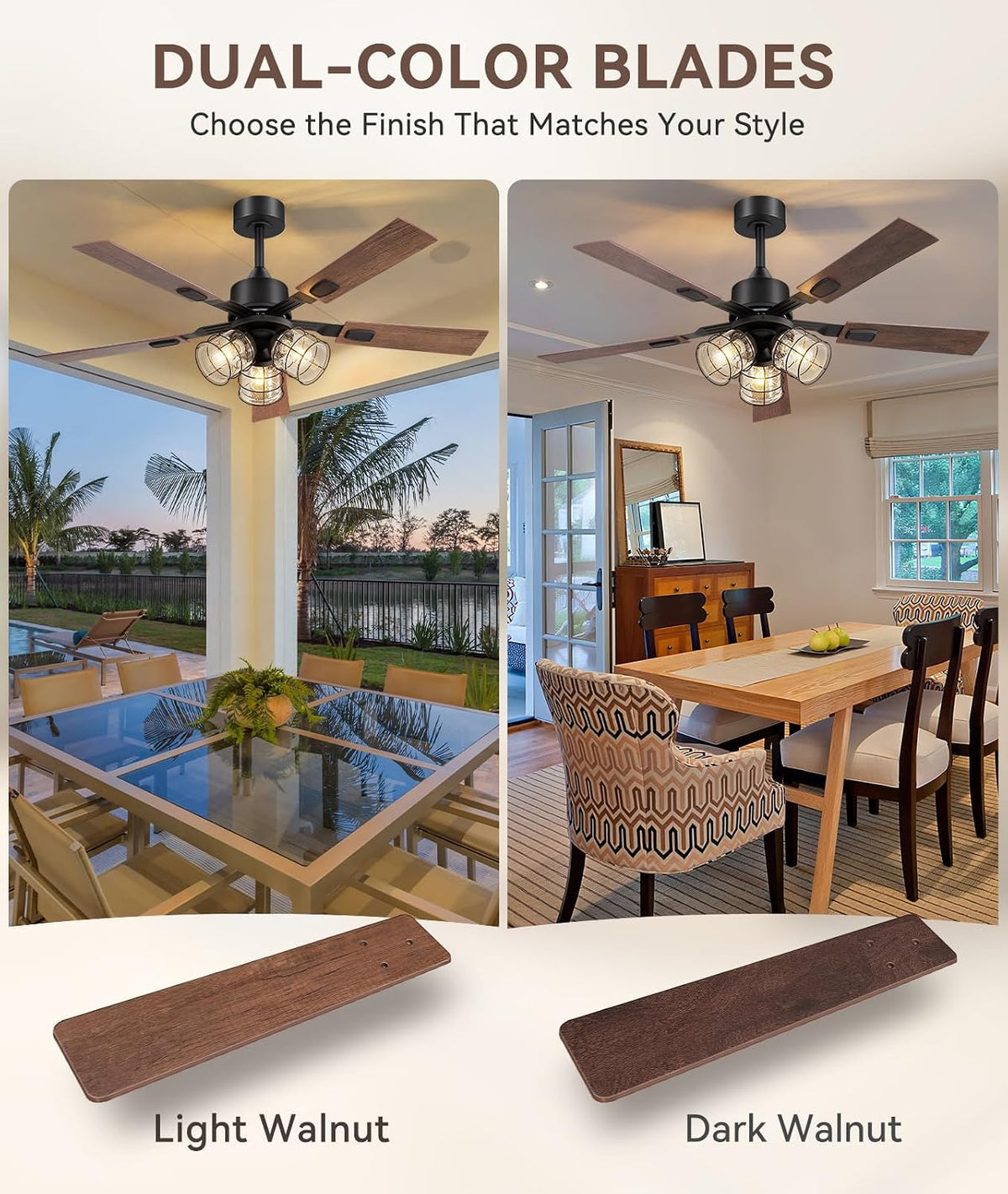 ZYD 52 Inch Farmhouse Ceiling Fan with Lights, Rustic Wood Fan with Remote