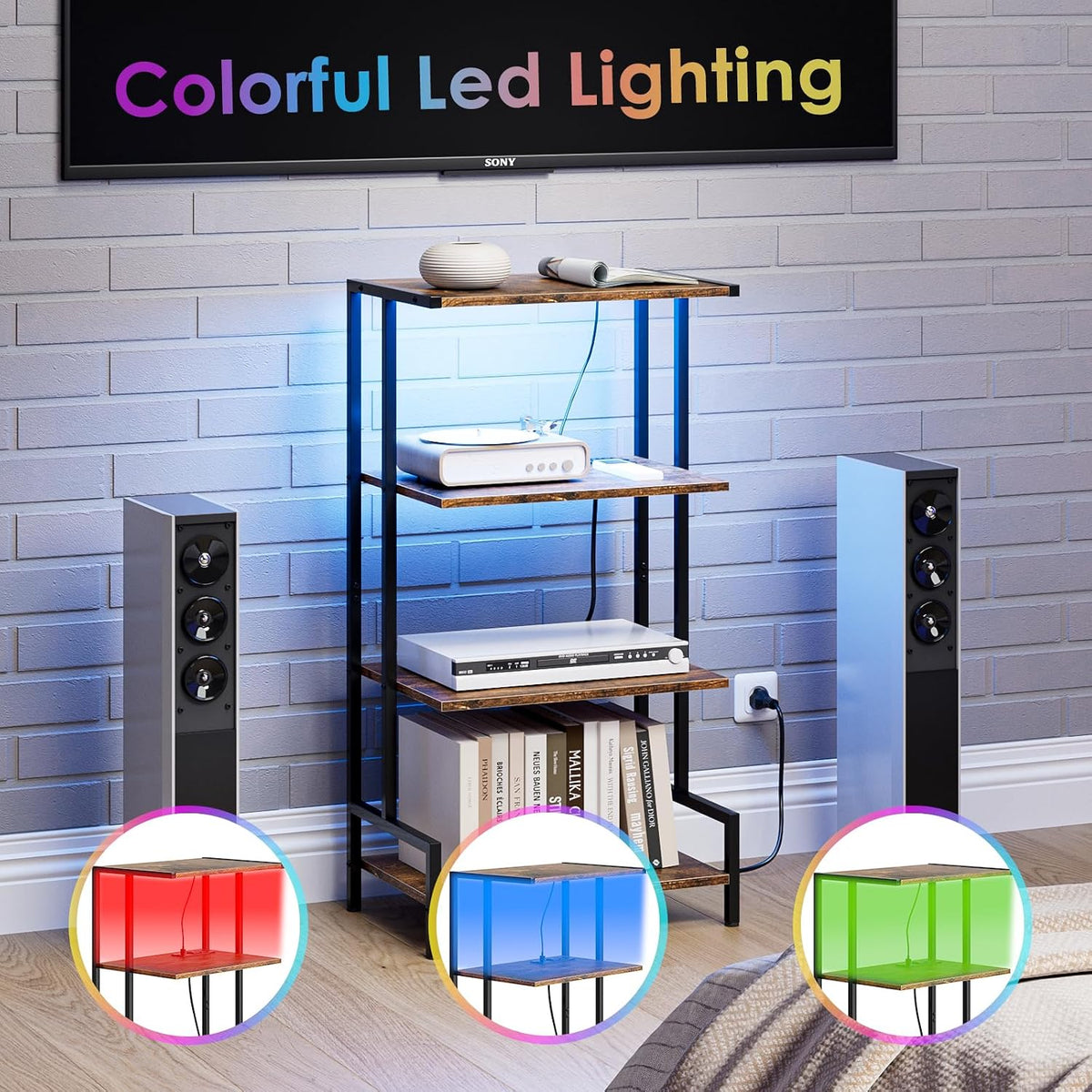 Arbuxzuy 4-Tier AV Media Stand with Power Outlet & LED Lights