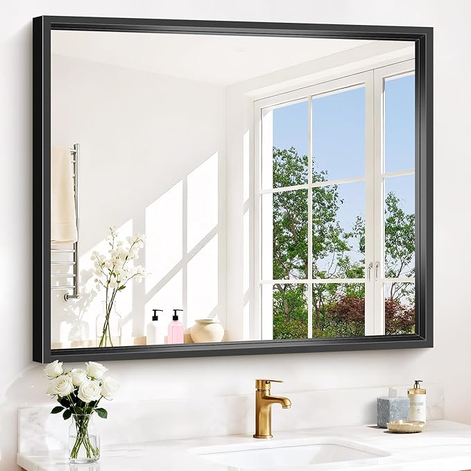 Bathroom Mirror, 42 x 36 Inch Brushed Black Rectangle Mirror, 0.6" Thick...