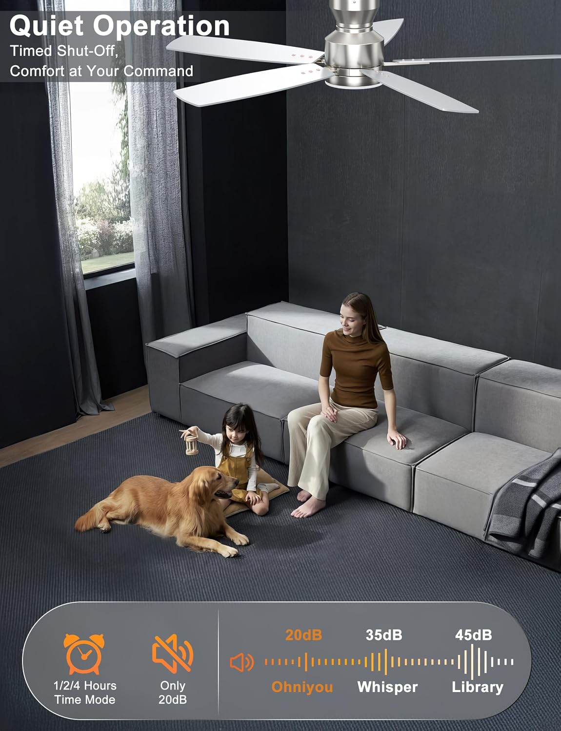 Ohniyou 52'' Silver Low Profile Ceiling Fan with Lights, Remote/APP C...