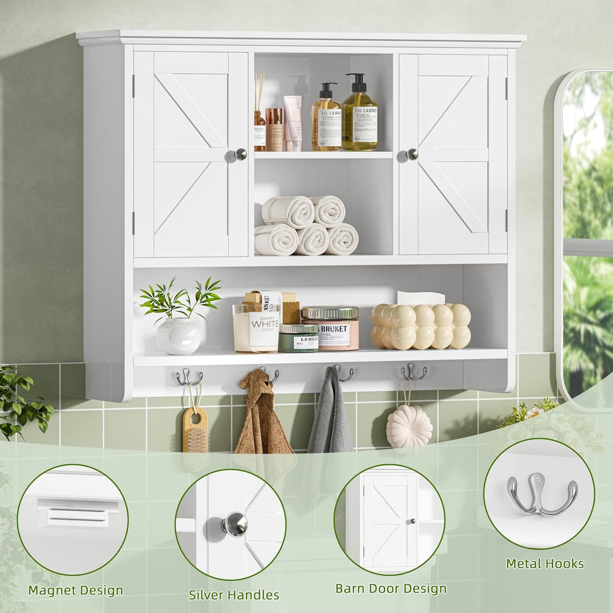 Keehusux Farmhouse Medicine Cabinet with Barn Doors and Hooks, White